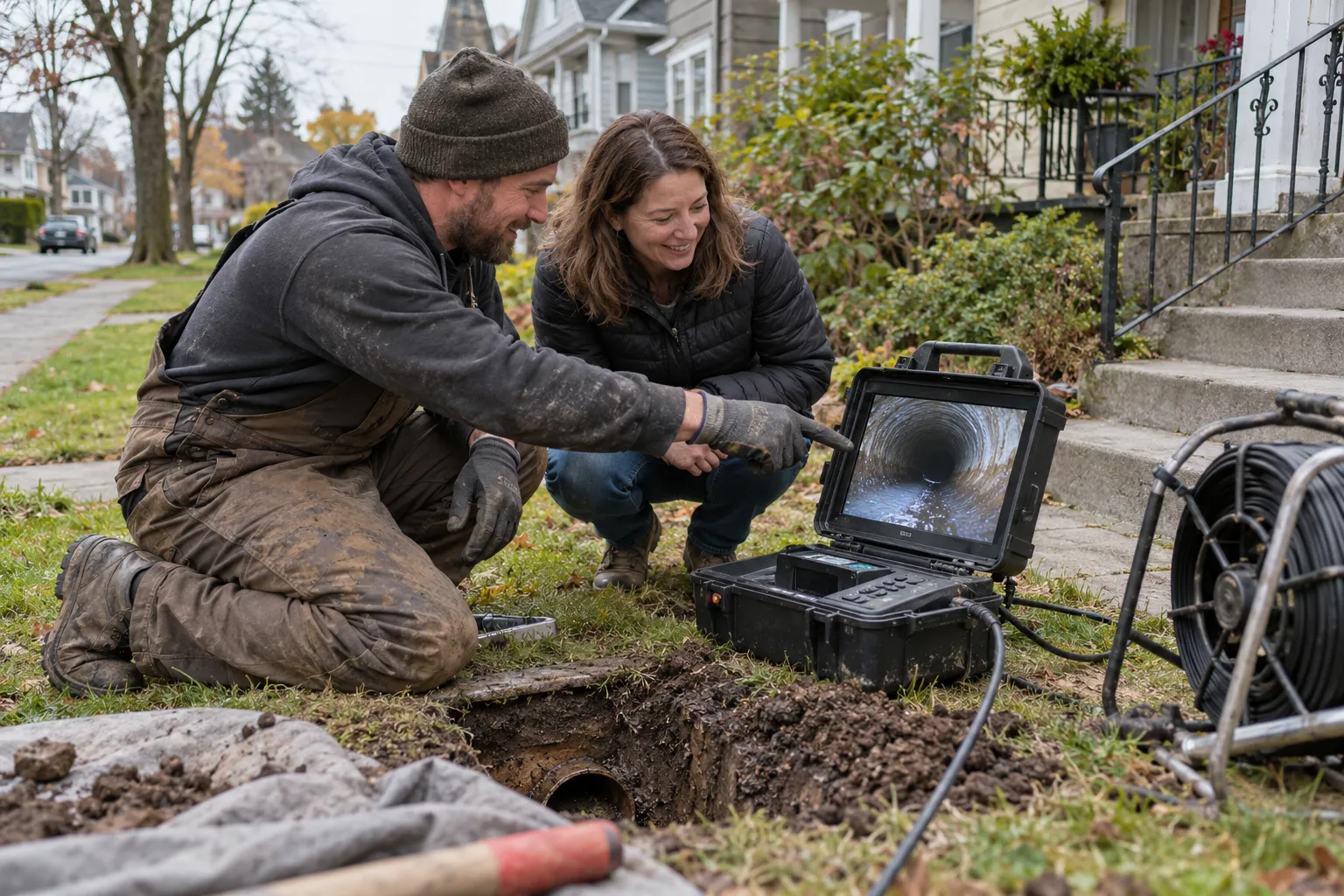 Local plumbing provider reviewing a sewer camera inspection screen with a homeowner in the Haverhill area
